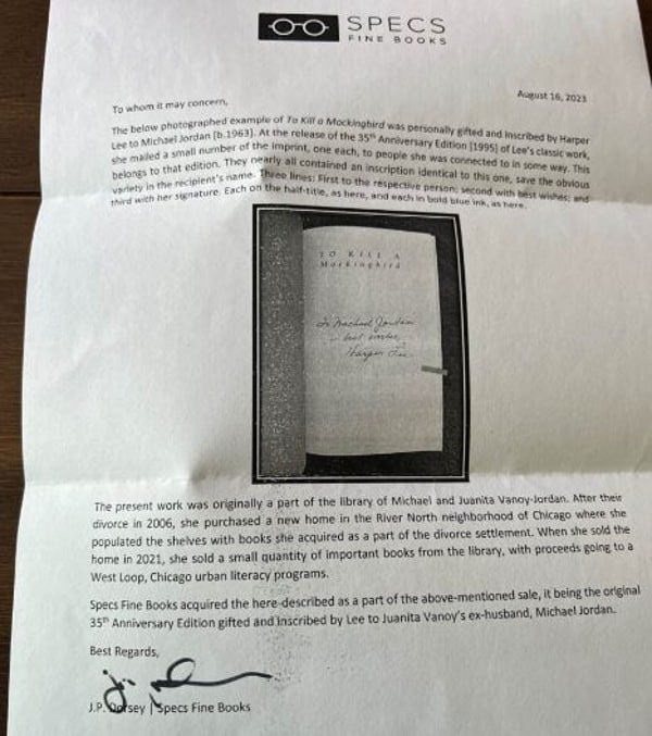 NBA Michael Jordans signed 'To Kill A Mockingbird' book by author Harper Lee is selling for $24,000