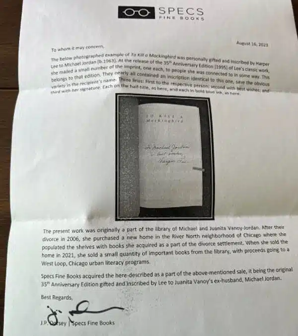 NBA Michael Jordans signed 'To Kill A Mockingbird' book by author Harper Lee is selling for $24,000