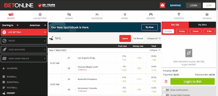 BetOnline NHL betting section screenshot