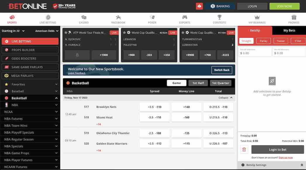 A screenshot of the BetOnline sportsbook basketball page