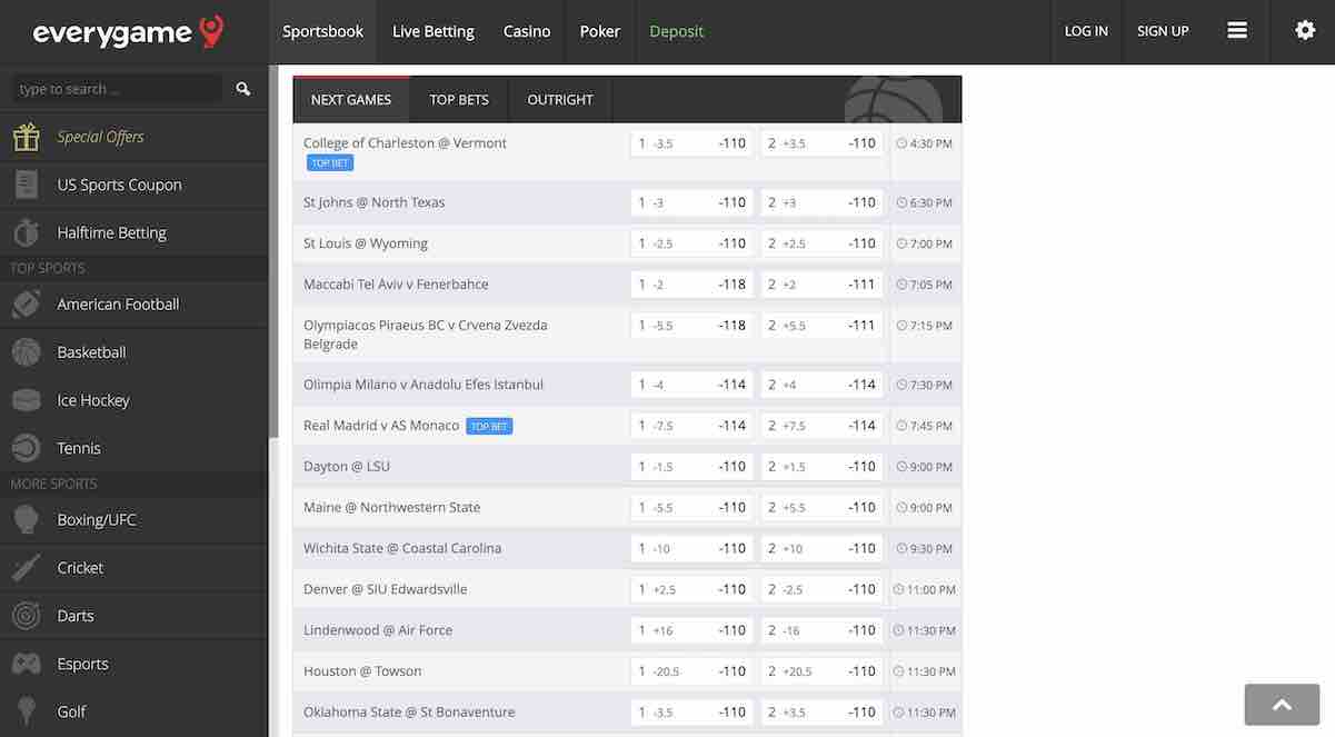 best FL online sportsbooks - a screenshot of the Everygame sportsbook basketball page