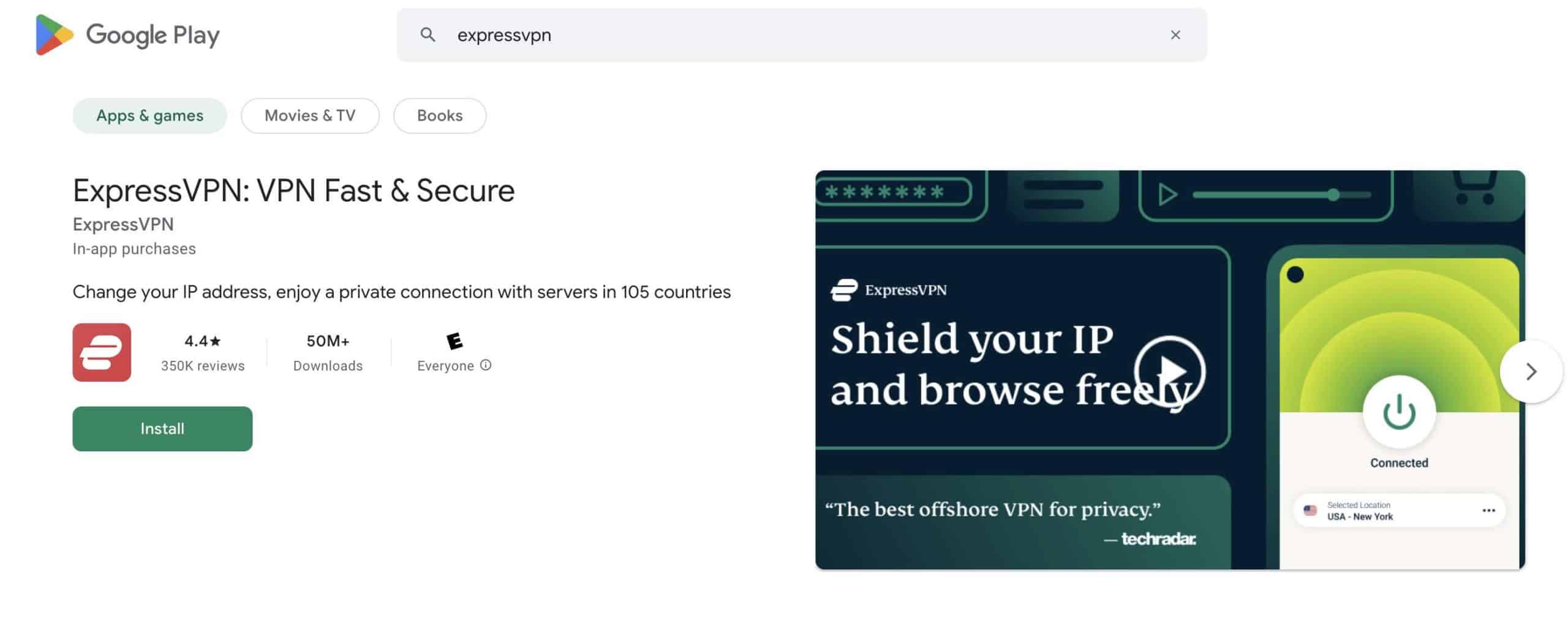 A screenshot of the ExpressVPN software on the Google Play Store.