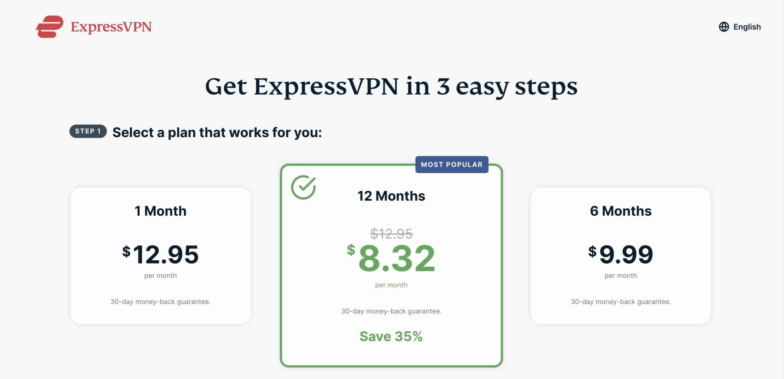 A screenshot of the price plans available at ExpressVPN