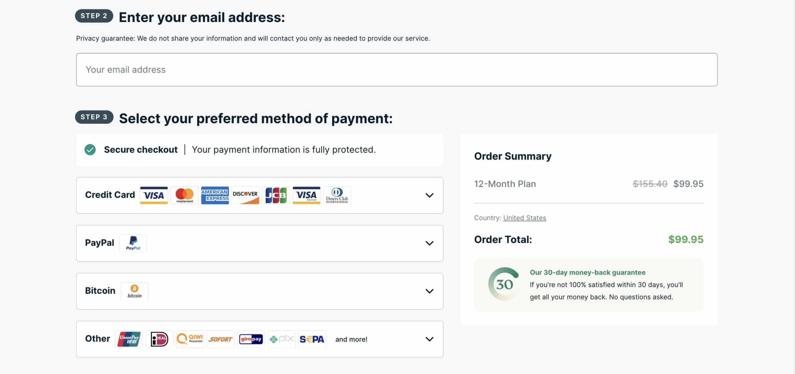 A screenshot of the registration process at ExpressVPN including the payment methods they accept.