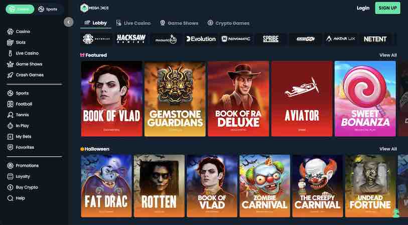 A screenshot of the Mega Dice casino homepage with halloween-themed games showing