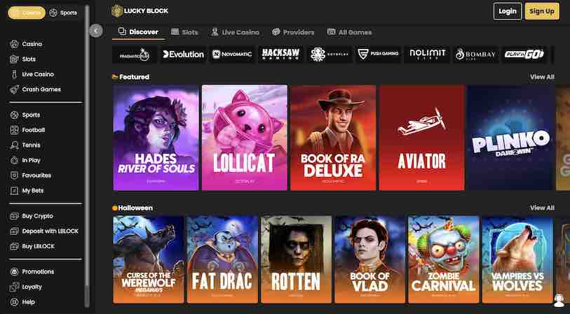 A screenshot of the Lucky Block casino homepage