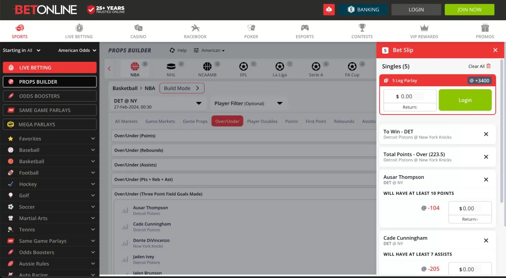 A screenshot of a Same Game Parlay bet on an NBA match at the BetOnline sportsbook