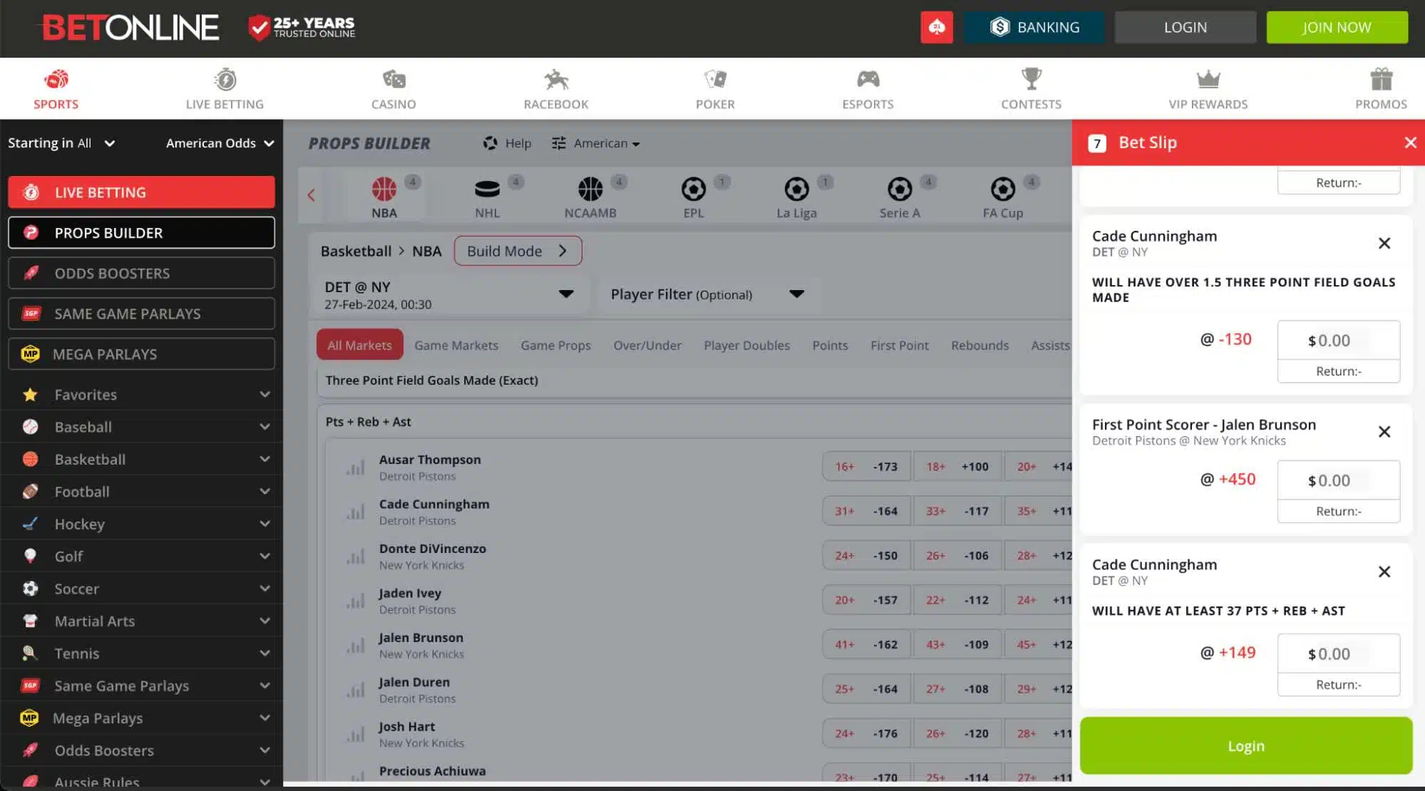 An NBA Same Game Parlay at BetOnline