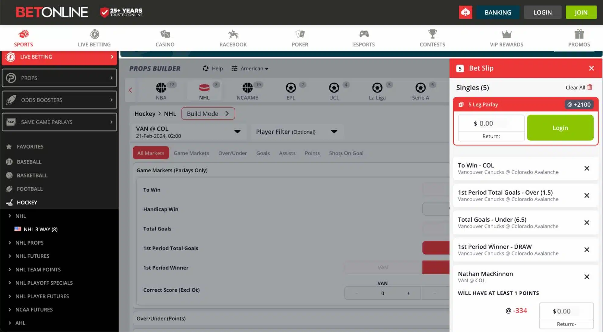 A screenshot of a Same Game Parlay bet on an NHL match at the BetOnline sportsbook