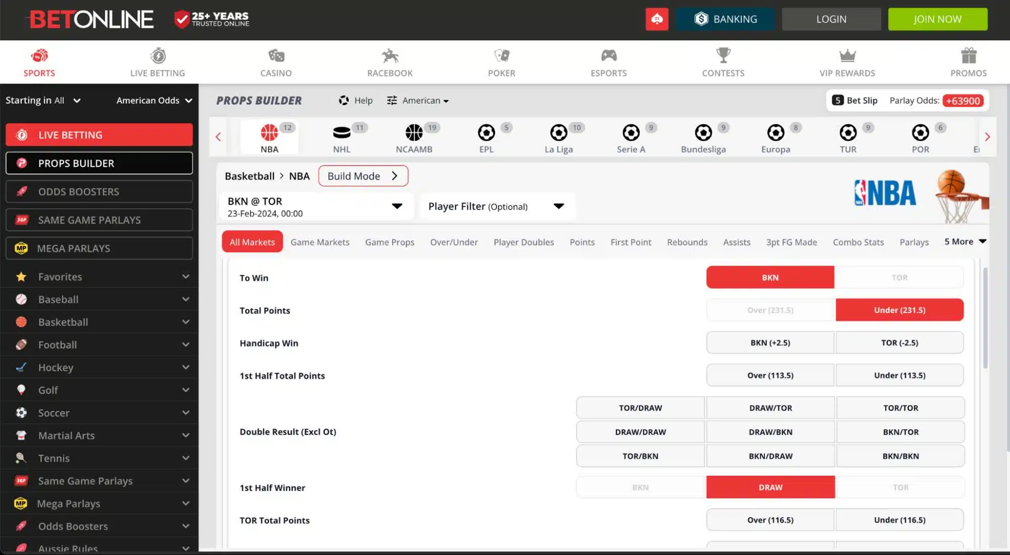 A screenshot of the BetOnline props builder