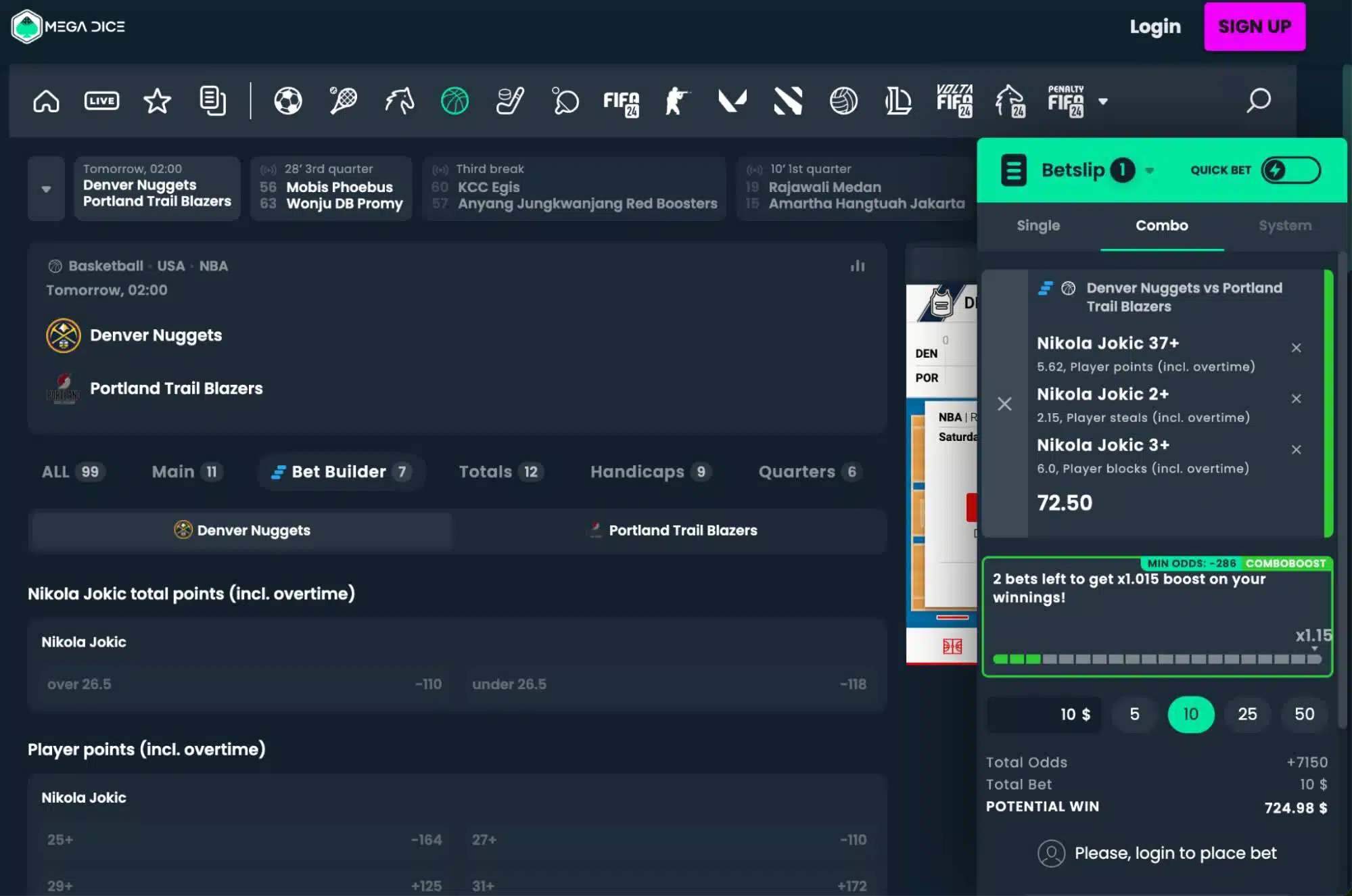 A screenshot of a Same Game Parlay bet on an NBA match.
